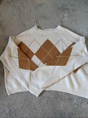 moon & madison Cream Sweater with Tan Argyle